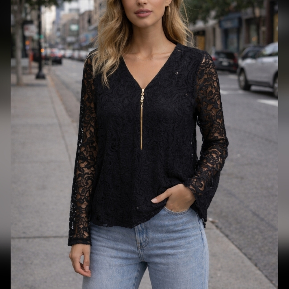 Y2k Black Lace Top Zip Front Long Sleeve Soft Goth Grunge Large